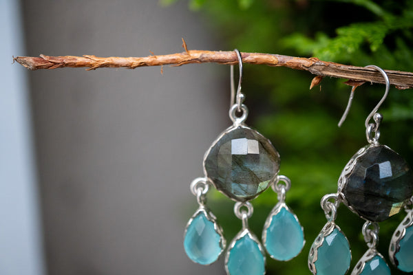 Boucles d'oreilles avec labradorites et agates