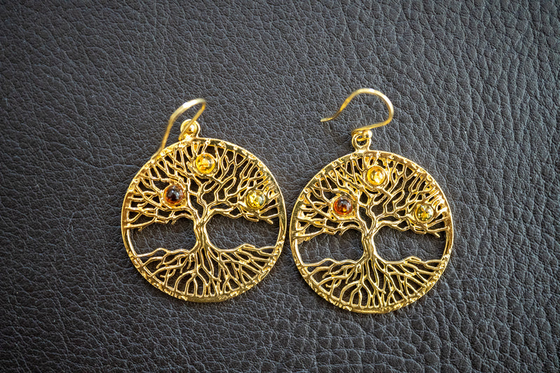 Boucles d'oreilles avec ambres en forme d'arbre de vie