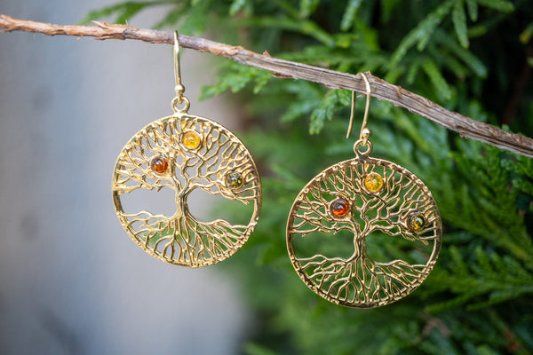 Boucles d'oreilles avec ambres en forme d'arbre de vie