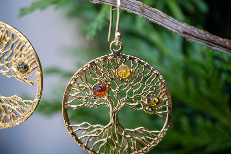 Boucles d'oreilles avec ambres en forme d'arbre de vie