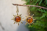 Boucles d'oreilles en ambre cognac en forme de soleil (Vermeil)