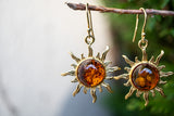 Boucles d'oreilles en ambre cognac en forme de soleil (Vermeil)