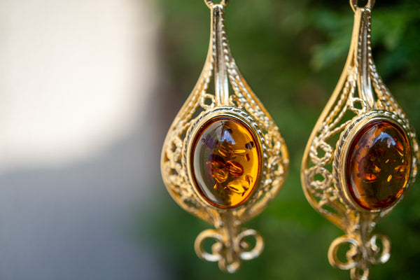 Boucles d'oreilles avec ambre cognac (vermeil)