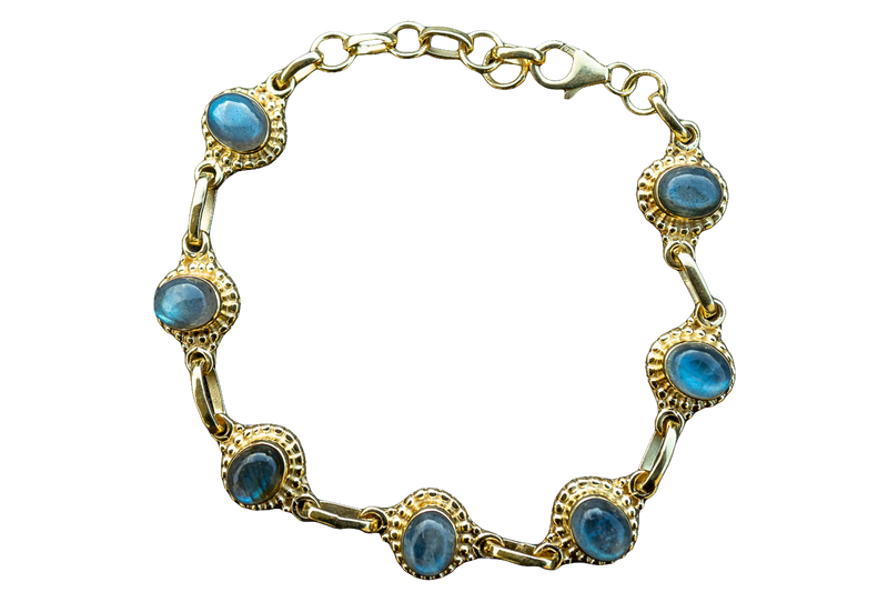 Gold-plated 925 silver bracelet with 7 white labradorites