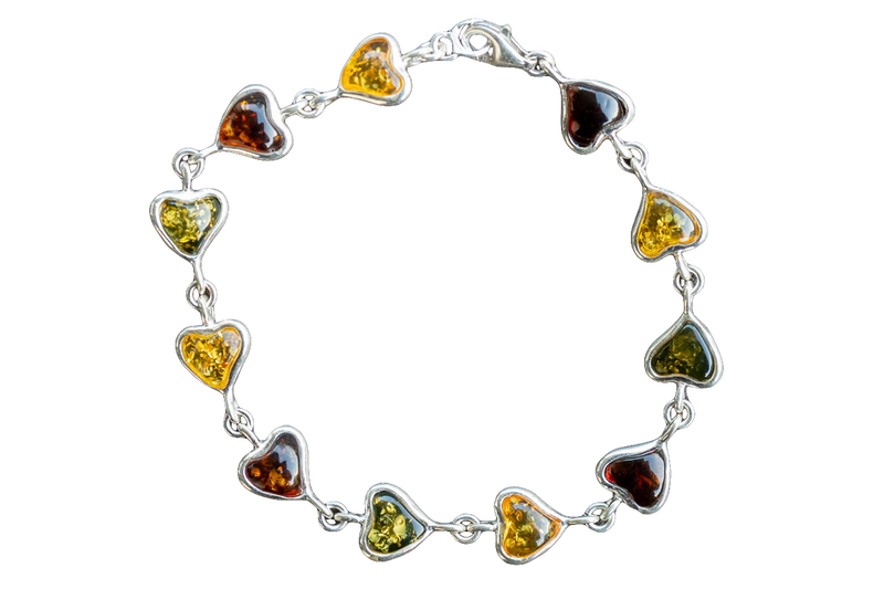 Bracelet with multi-colored ambers in the shape of a heart