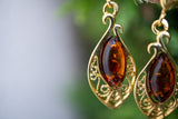 925 Silver Gold Plated Drop Earrings with Cognac Amber