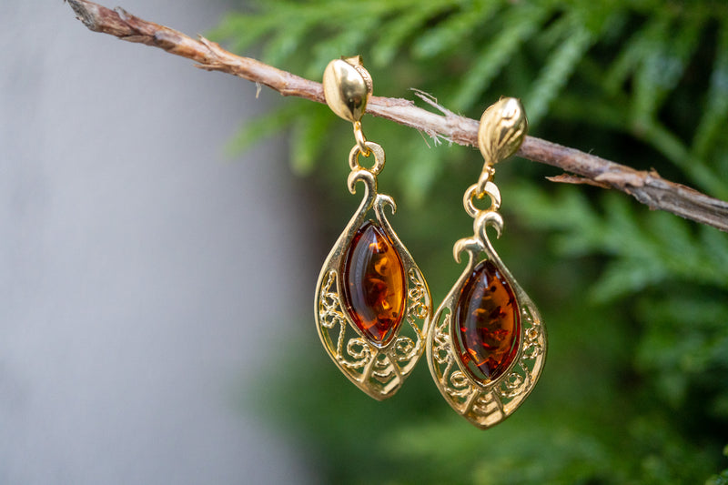 925 Silver Gold Plated Drop Earrings with Cognac Amber