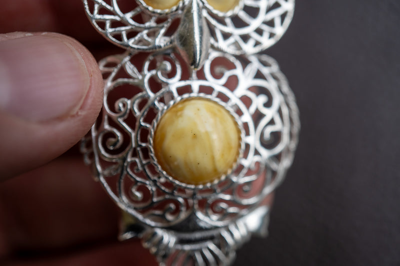 Owl Shaped Baltic Amber Brooch