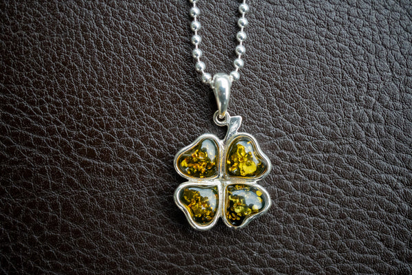 925 Silver Clover Pendant with Baltic Sea Green Amber (Large)