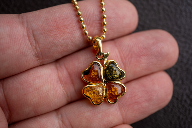 925 Silver Clover Pendant with Multi-Colored Baltic Sea Amber – Large Model