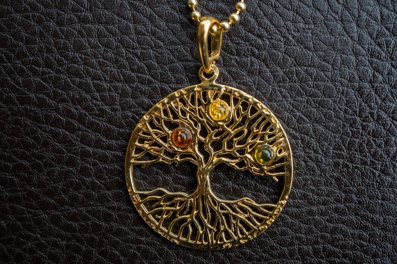 Tree of Life Pendant in 925 Silver Vermeil and Multicolored Amber