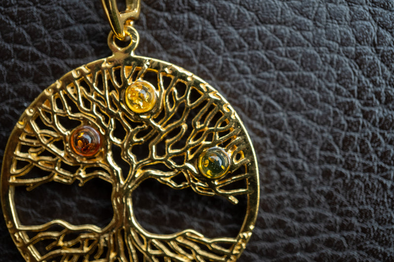 Tree of Life Pendant in 925 Silver Vermeil and Multicolored Amber