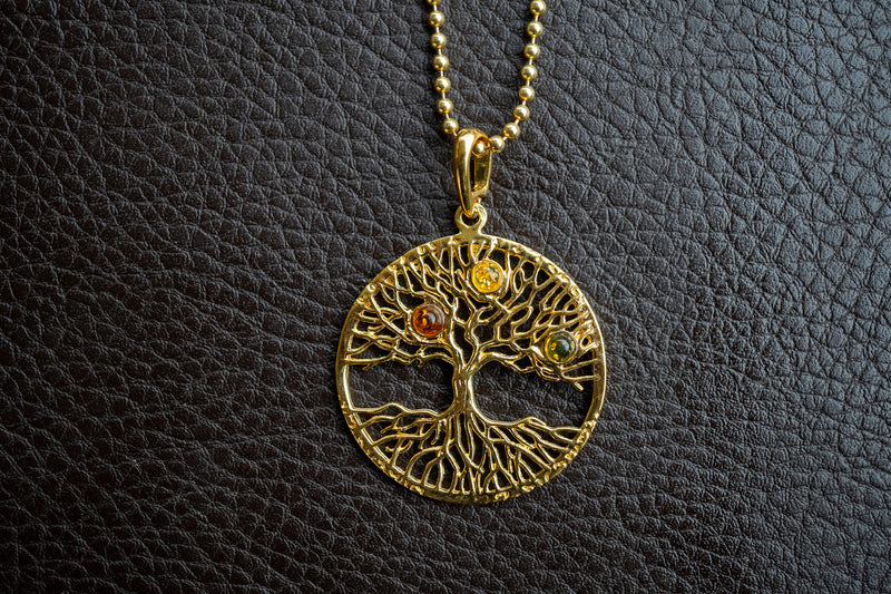 Tree of Life Pendant in 925 Silver Vermeil and Multicolored Amber