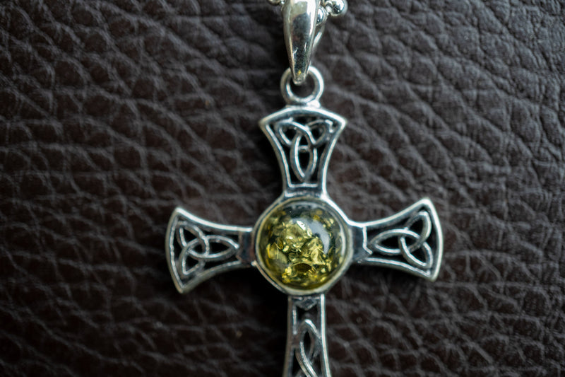 925 Silver Celtic Cross Pendant with Green Amber