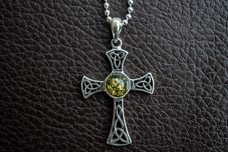 925 Silver Celtic Cross Pendant with Green Amber