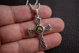 925 Silver Celtic Cross Pendant with Green Amber