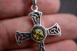 925 Silver Celtic Cross Pendant with Green Amber