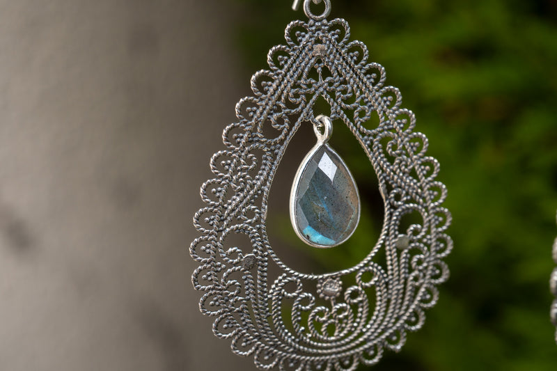 Labradorite and Filigree Earrings in 925 Silver