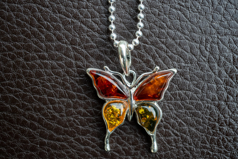 Multicolor Amber Butterfly Pendant in 925 Silver (Large)