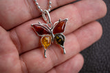 Multicolor Amber Butterfly Pendant in 925 Silver (Large)