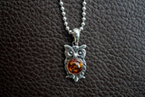 925 Silver Owl Pendant with Cognac Amber