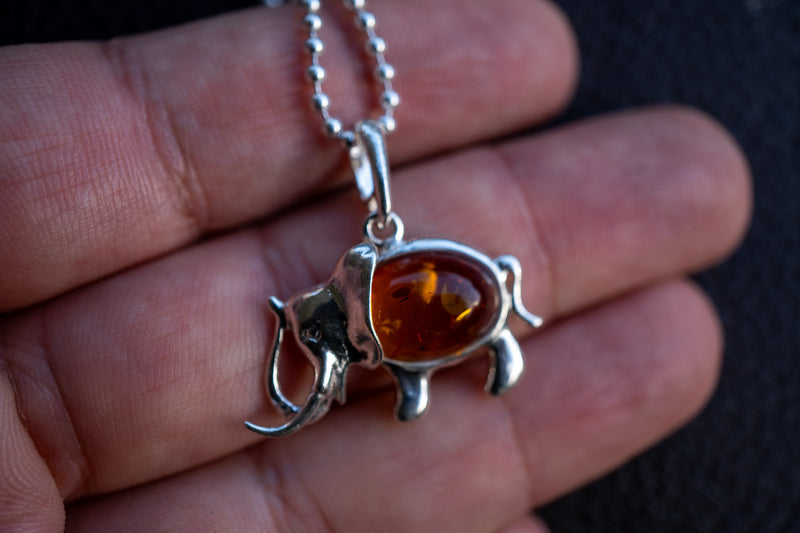 Elegant 925 Silver Elephant Pendant with Cognac Amber (Large)