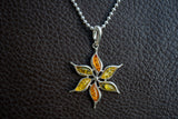 925 silver leaf pendant with natural multi-colored ambers