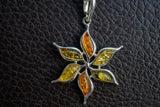 925 silver leaf pendant with natural multi-colored ambers