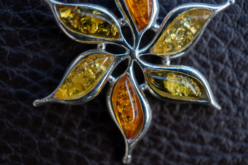 925 silver leaf pendant with natural multi-colored ambers