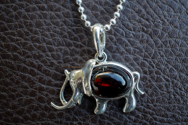 Elegant 925 Silver Elephant Pendant with Cherry Amber (Large)