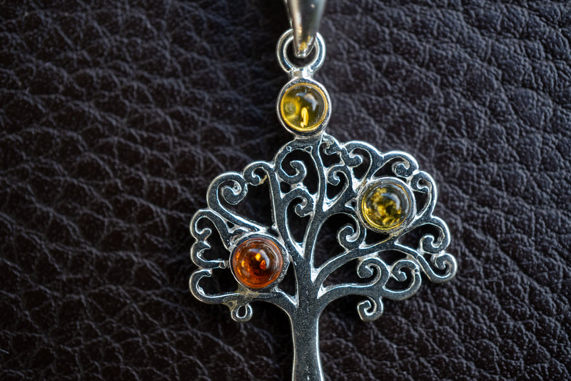 Tree of Life Pendant in 925 Silver with Natural Multicolored Amber