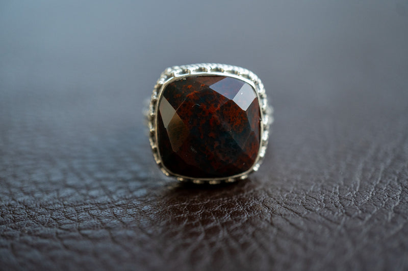 Silver ring with natural bloodstone (heliotrope) (Faceted)