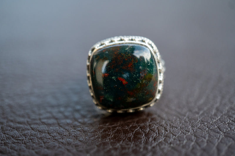 Silver ring with natural bloodstone (heliotrope)