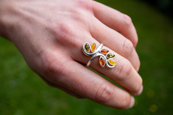 Bague fleur avec ambres multicolores