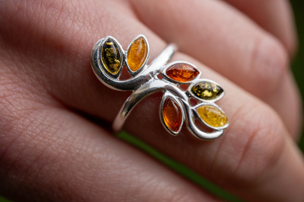 Bague fleur avec ambres multicolores