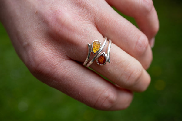 Bague double en cognac et ambre jaune