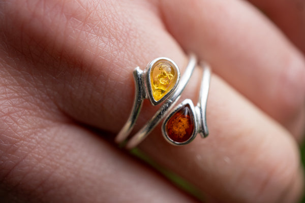 Bague double en cognac et ambre jaune