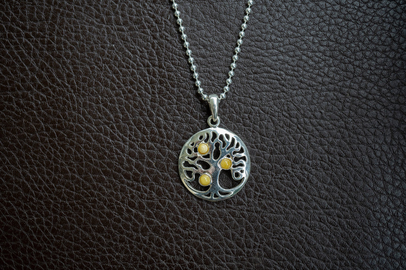 Pendentif Arbre de Vie en Argent 925 avec Ambre Jaune Naturel de la Mer Baltique