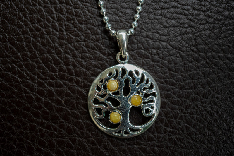 Pendentif Arbre de Vie en Argent 925 avec Ambre Jaune Naturel de la Mer Baltique