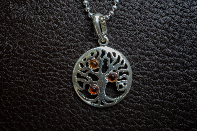 Pendentif Arbre de Vie en Argent 925 avec Ambre Cognac Naturel de la Mer Baltique