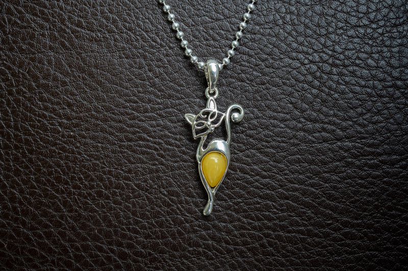 Pendentif Chat en Argent 925 avec Ambre Jaune de la Mer Baltique