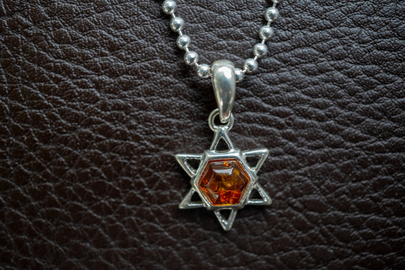 Pendentif Étoile de David en Argent 925 avec Ambre Cognac Mer Baltique