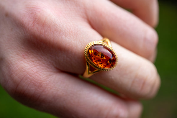 Bague ovale en argent 925 et vermeil ambre cognac