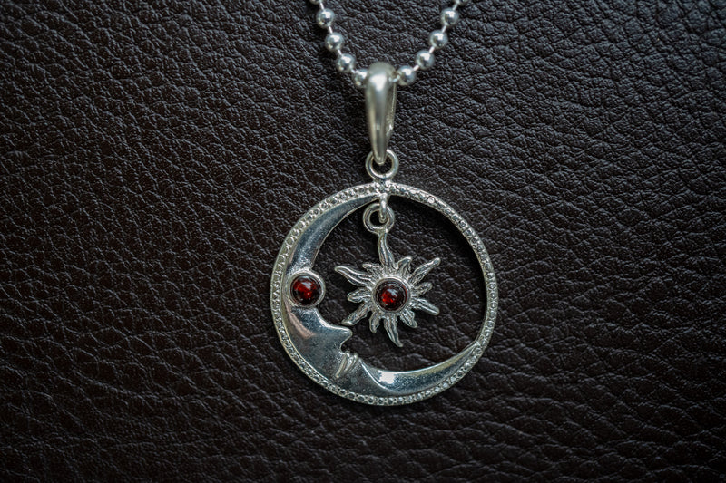 Pendentif soleil et lune en argent 925 avec ambres cerises de la Mer Baltique