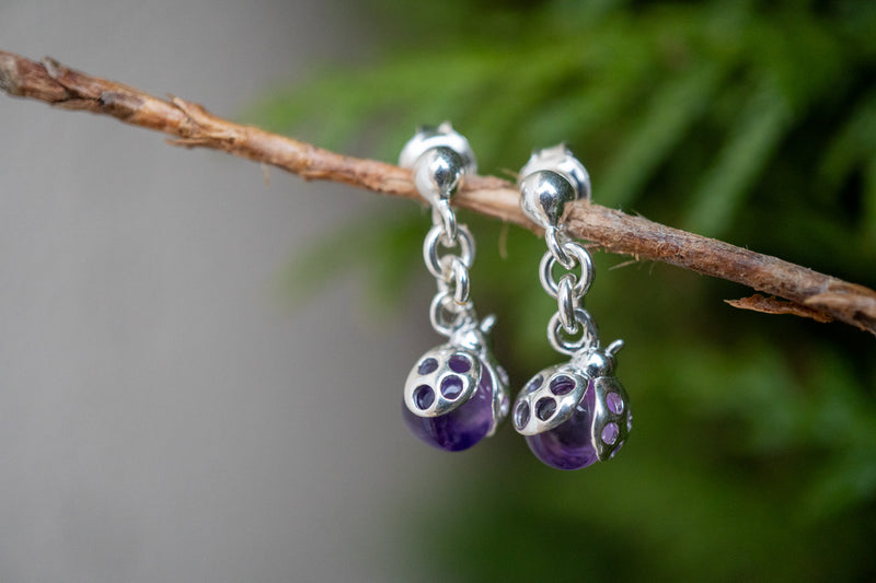 925 Silver and Amethyst Ladybug Earrings (small)